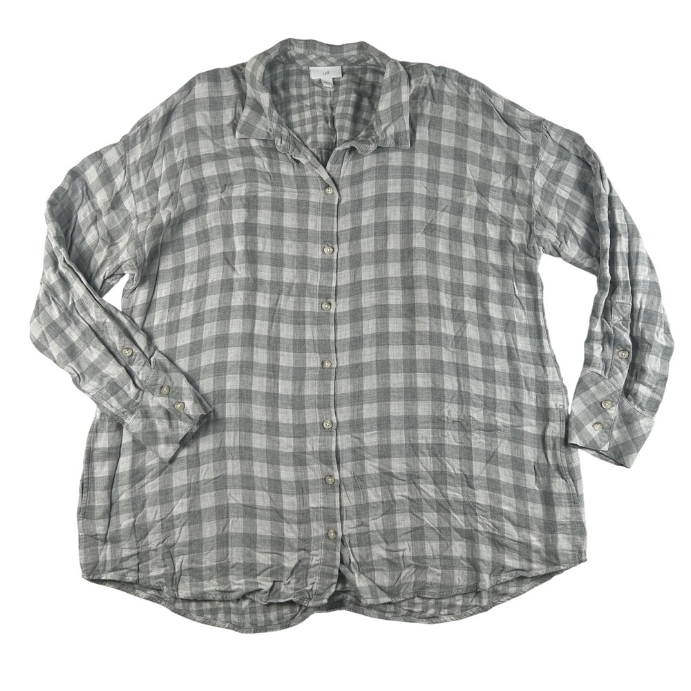 J. Jill Shirt Womens L Gray Check Tunic Button Up Rayon Pockets Casual Spring